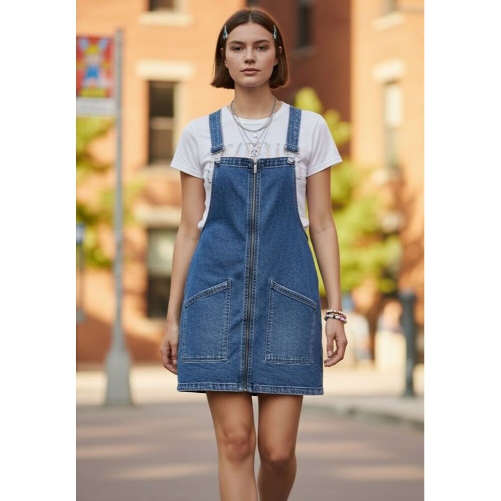 Denim Overall Mini Dress Zip Front Pinafore Bib Utility S M No Tag